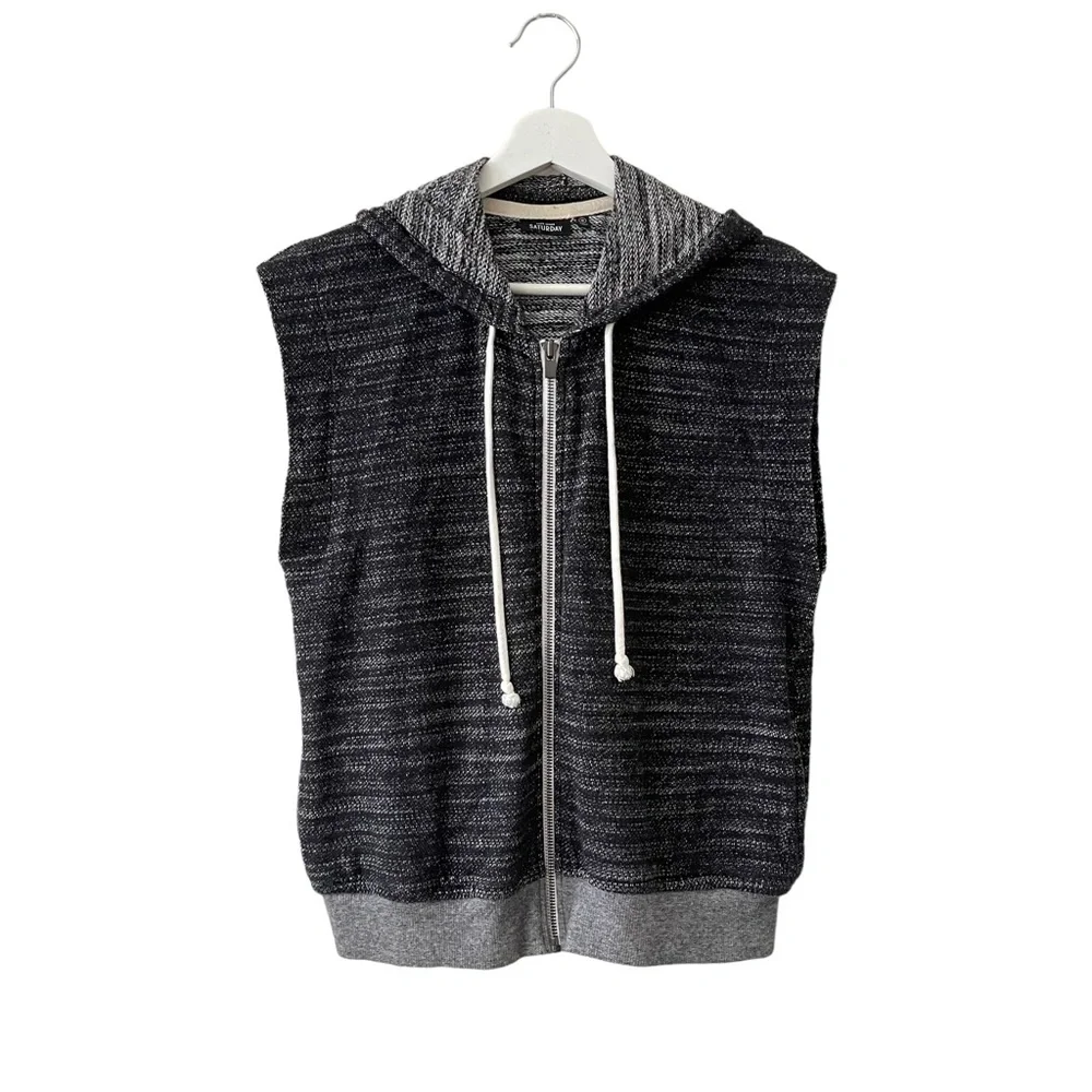 Kate Spade Saturday Black and Grey Marled Knit Hooded Vest M